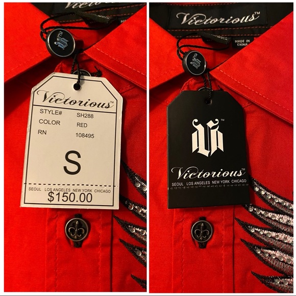 Victorious Men’s Embroidered Button Down Shirt with Rhinestones Size S Red - Picture 8 of 9